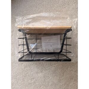 Black Metal Wire Wall Mounted Storage Basket with Bamboo Wood Top Lid New
